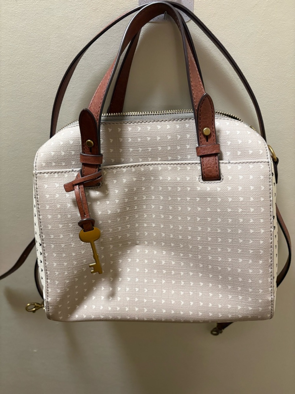 Fossil Cream Satchel with Brown Leather Trim and Gold Key Charm